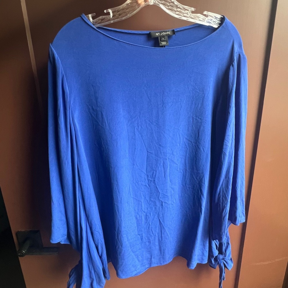 ST JOHN L Royal Blue Silk Blend Dolman Crepe De Chine Tie‎ Cuff Blouse Top Women